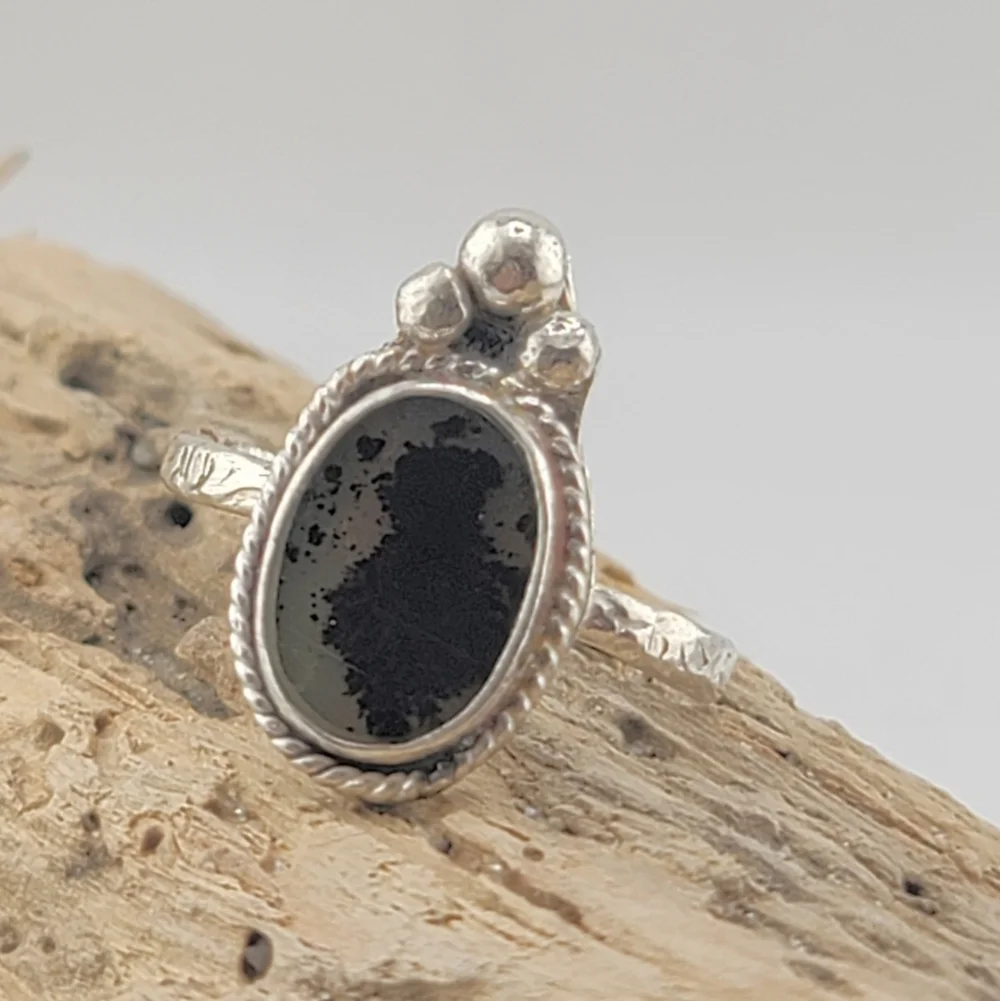 DENDRITIC AGATE OCAL SHAPE RING HANDMADE IN RECYCLED STERLING SILVER METAL SZ 6